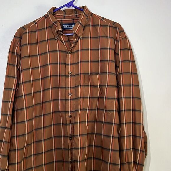 Lands End Men's Size LT Red/Brown/Green Plaid Long Sleeve Button Down Shirt - Picture 3 of 10